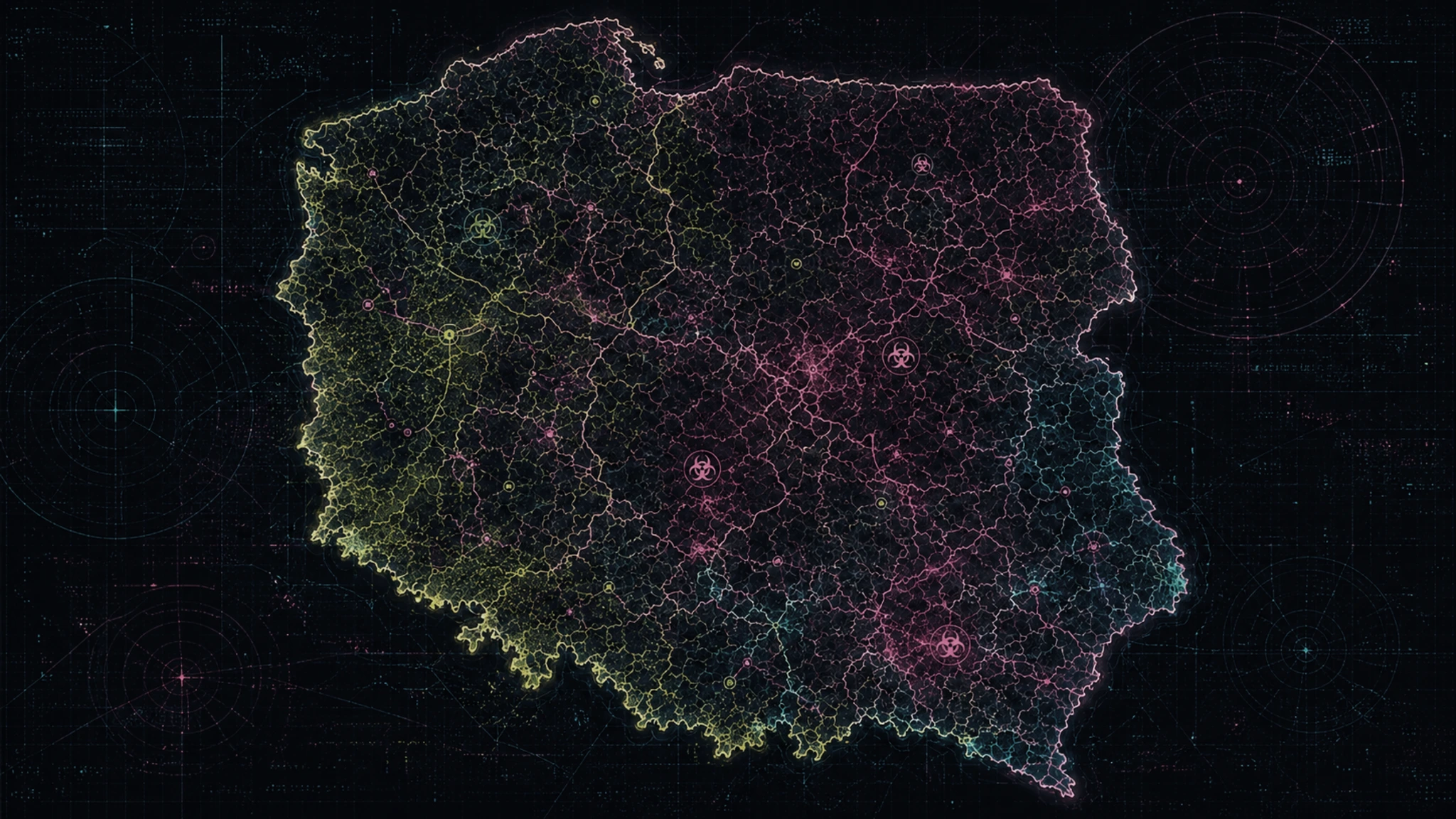 Statyczna ilustracja operacyjnej mapy Polski w stylu Plonku; kolory, radary i biohazard są elementami graficznymi, a nie realnymi ogniskami zagrożenia.